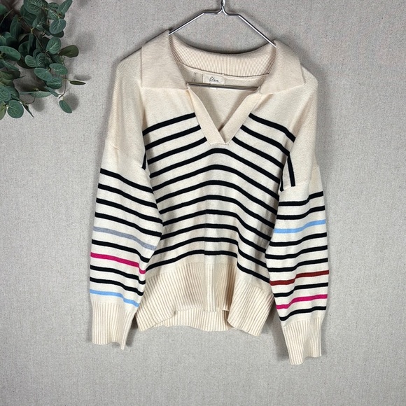 Elan Sweaters - Elan > Cream V Neck Collared Striped Sweater Small